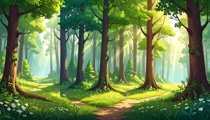 Lush forest path. Sunlight streams through green trees, illuminating the grassy ground and small white flowers