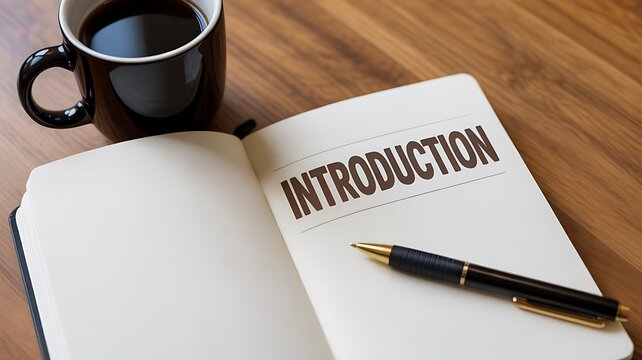 Introduction Page in Open Notebook with Pen and Coffee &ndash; Creative Writing, Study, or Presentation Concept for Education, Planning, Office Work, and Productivity Themes