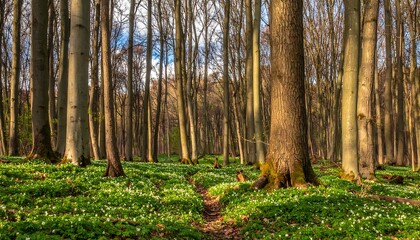 Lush forest floor covered in white flowers, framing a pathway through tall trees under a bright, cloudy sky