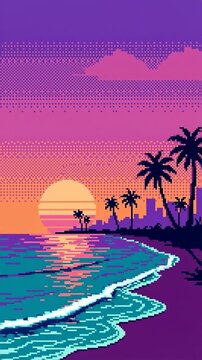 Tropical beach sunset with palm trees and ocean waves in purple hues. Vaporwave style landscape animation showing serene coastal scene progression for relaxation and vacation themes. Vertical video
