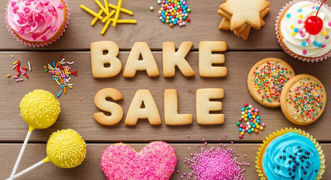 Sweet bake sale treats arranged on a wooden table with colorful sprinkles and cookies