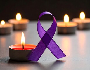 Purple ribbon stands amidst lit tea candles, creating a soft, warm glow against a dark background