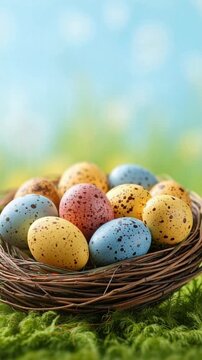 Osternest mit bunten Eiern auf Fr&uuml;hlingswiese