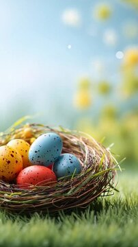 Osternest mit bunten Eiern auf Fr&uuml;hlingswiese