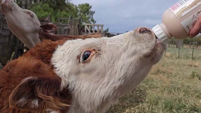 Polled hereford calf drinking milk from a baby bottle. 4K