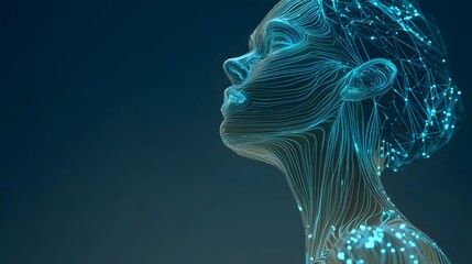 Abstract digital human face with glowing lines and dots.