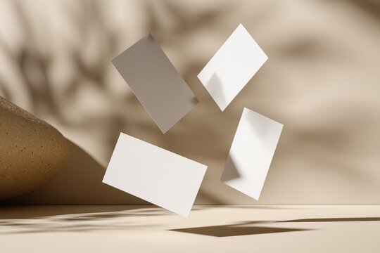 Mockup minimalista de tarjetas de visita flotantes con luz suave, Presentaci&oacute;n elegante de tarjetas de visita con texturas y sombras naturales, mockup tarjetas aesthetic