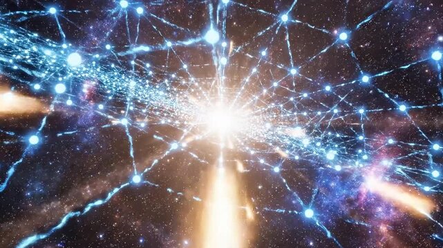 A vibrant depiction of a radiant star or celestial body surrounded by a network of glowing blue lines and nodes, set against a dark cosmic background with hints of purple and orange