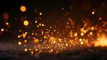 Abstract golden sparks and bokeh lights on dark background.