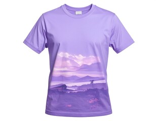 Purple t-shirt featuring a scenic mountain landscape printed across the front