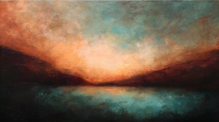 Abstract Landscape Painting with Warm Hues and Reflective Water.