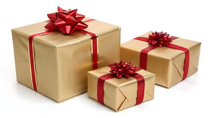 Obraz premium Three golden gift boxes with red ribbon and bows isolated on white background symbolizing celebration and surprise