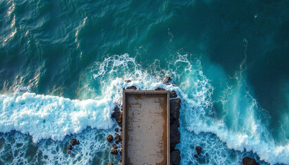Aerial view of powerful ocean waves crashing against rugged concrete pier. Deep turquoise sea water creates dynamic ocean waves, with foamy sea spray highlighting raw power of incoming swells.