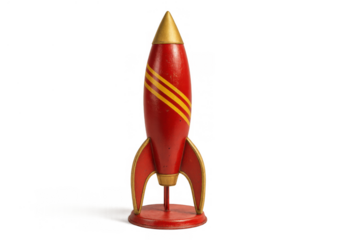 Red vintage rocketship toy featuring golden stripes, symbolizing childhood dreams, space travel, and retro futurism on transparent background