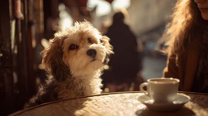 Adorable Dog at Cafe Table with Coffee Cup.