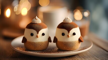 Adorable Owl-Shaped Desserts on a Plate with Bokeh Background.