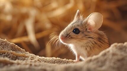 Adorable spiny mouse peeking out from its sandy burrow.