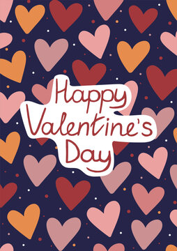hand drawn happy valentines day greeting card with love lettering, heart pattern, romantic holiday background, modern cute illustration for poster, invitation, printable design, celebration decor and 