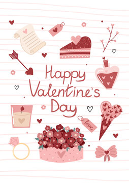 hand drawn valentine greeting card with happy valentines day lettering hearts flowers sweets and romantic icons vector