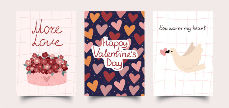 hand drawn valentine greeting card set with love lettering hearts flowers and dove vector