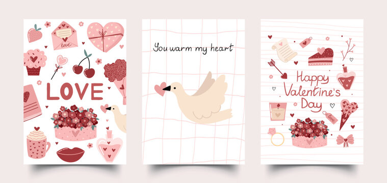hand drawn valentine greeting card set with love lettering hearts flowers dove and romantic elements vector