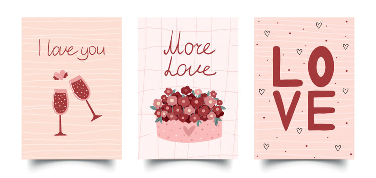 hand drawn valentine greeting card set with love lettering romantic quotes flowers and minimal design vector
