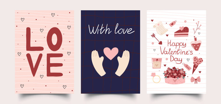 hand drawn valentine greeting card set with love lettering romantic phrases hearts and modern design vector