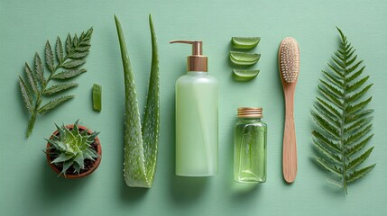 Aloe Vera and Natural Beauty Products Flat Lay on Green Background.
