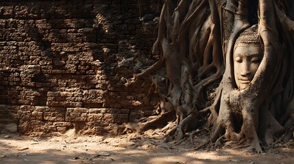 Ancient Buddha Head Entwined in Tree Roots at Ayutthaya Temple.