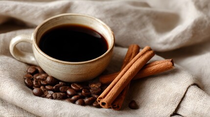 Aromatic Coffee with Cinnamon Sticks and Coffee Beans.