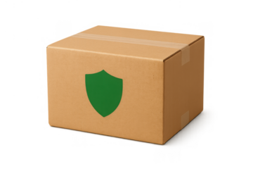 Cardboard delivery box with green shield symbol representing package protection, secure shipping, and insurance services