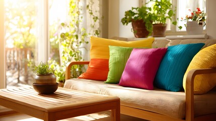 Bright and Cozy Living Room with Colorful Pillows.
