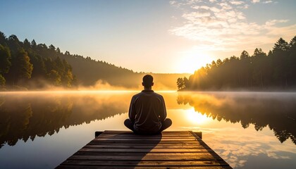 Man Meditating on Dock at Sunrise.