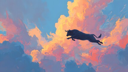 Bull silhouette leaping through vibrant clouds, a symbol of strength.