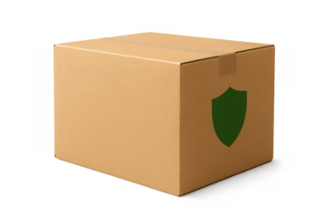 Cardboard shipping box showing green shield symbol for package delivery insurance and secure logistics on transparent background