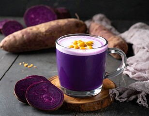 Purple yam drink in glass, adorned with corn, alongside yams on wood, against dark background with cloth