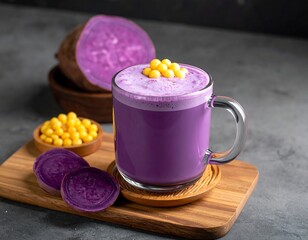 Purple yam drink in glass mug topped with yellow pearls, on wood board beside sliced yam on gray background