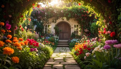 Lush garden path, bursting with colorful flowers, leading to a cottage under a floral archway, bathed in golden light