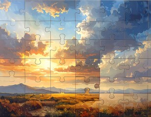 Puzzle assembled; sunset over a field meets a cloudscape. Hues of orange, yellow, blue and brown are visible