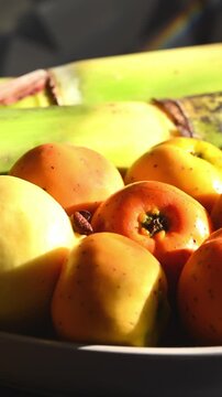 Vertical video, Traditional Mexican fruit for holiday punch, tejocotes, sugarcane and guavas. Rotating in slow motion