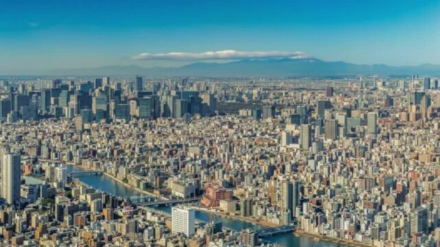 Tokyo City Skyline Panorama: Dramatic Aerial View of Dense Metropolis and Sumida River with Majestic Mount Fuji