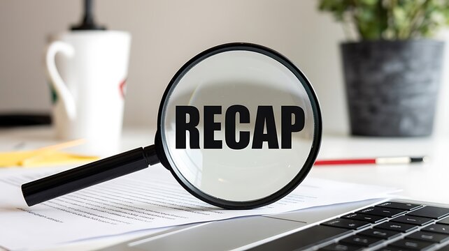 Magnifying Glass on Desk Focused on the Word RECAP, Indicating Review and Summarization