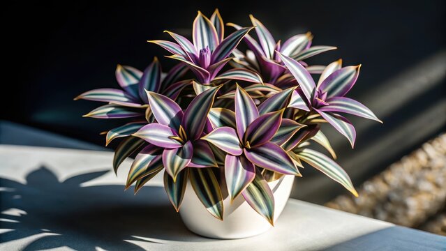The iconic Tradescantia spathacea plant boasts vibrant purple flowers and striking foliage, with a unique architectural form that has captivated garde