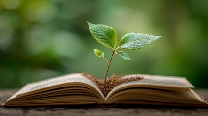 A vibrant sapling sprouts from an open book, symbolizing knowledge and growth against a blurred green backdrop. Close-up on the book, plant, and background