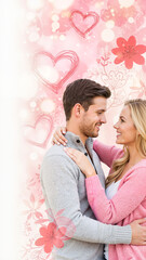 Young couple embracing and smiling with floral background in love  