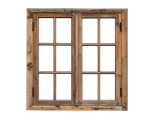 Weathered wooden double-hung window on a black background, with eight panes