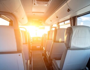 Interior view inside a passenger bus, with rows of seats, sunlight visible through the windshield, bright, clean