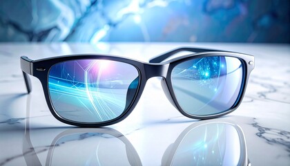 Futuristic eyewear reflecting vibrant digital data streams, symbolizing advanced vision and innovative technological insights on a pristine surface