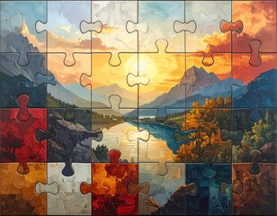 Puzzle pieces form a landscape of mountains, a lake and trees with golden hues under a sunset sky