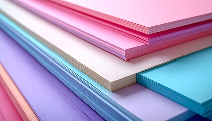 A vibrant stack of pastel-colored paper sheets, a close-up shot showcasing the smooth texture and soft hues of stationery supplies